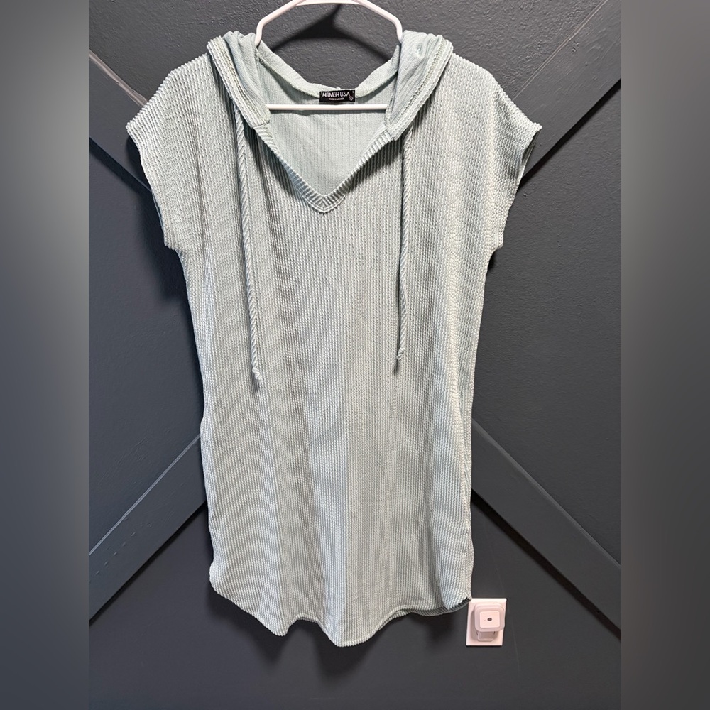 HEIMISH USA Light Blue/Mint Ribbed Hoodie Dress With Pockets